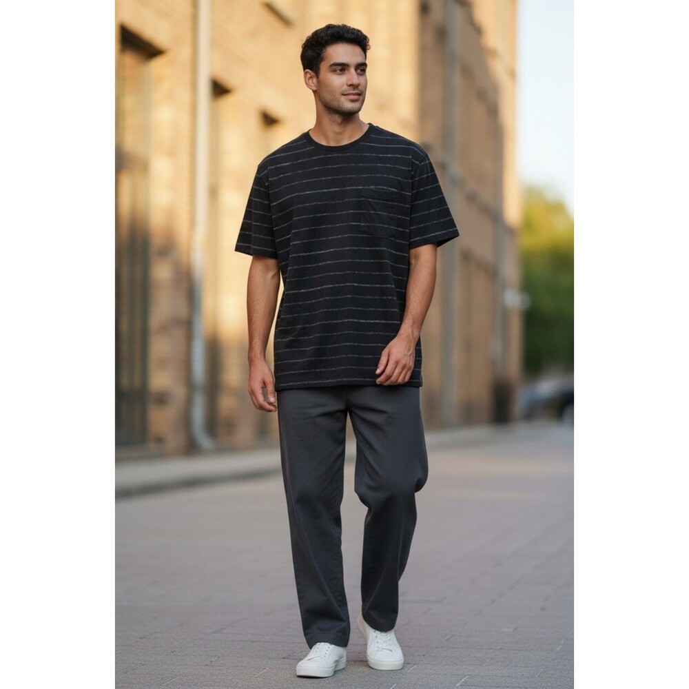 Men's Decree Black Gray Striped Pocket T-Shirt Size Large 100% Cotton Casual Tee